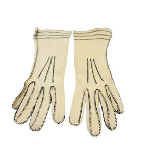 Beige Black Stitched Vintage Driving Gloves Cotton Womens Mid Century